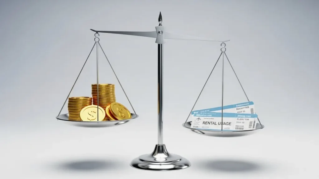 スーツケースの購入費用とレンタル利用回数のコストバランスを示した天秤のイメージ図