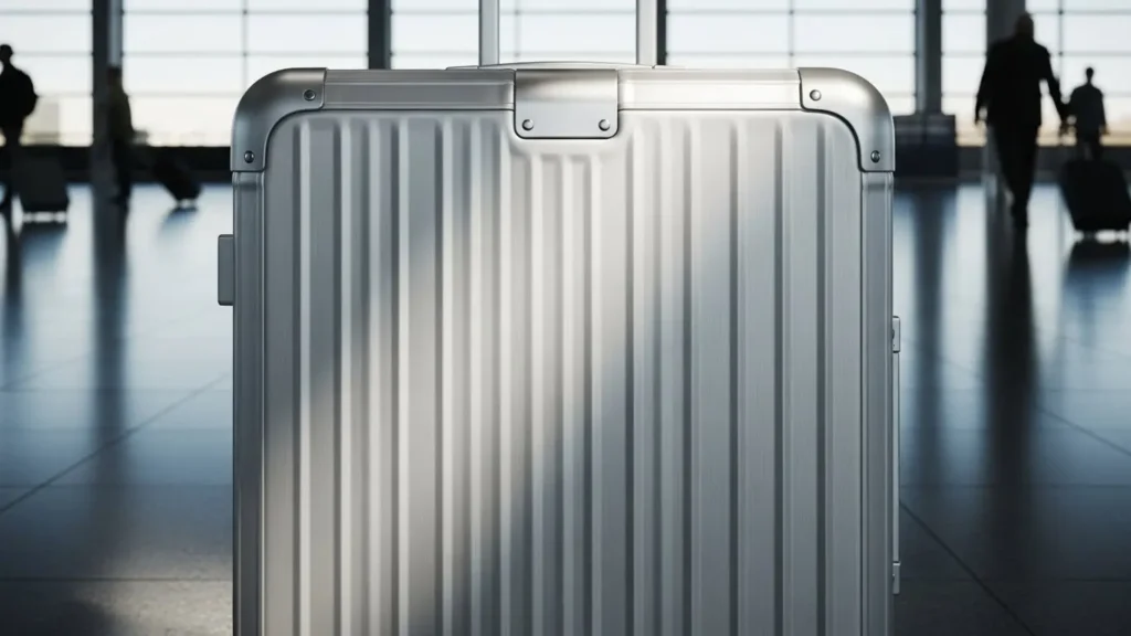 空港の床に置かれた高級ブランドのリモワ風アルミニウム製スーツケースのクローズアップ