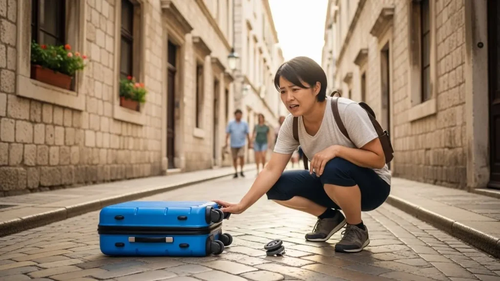 石畳の道で格安スーツケースのキャスターが壊れてしまい困り果てている日本人旅行者