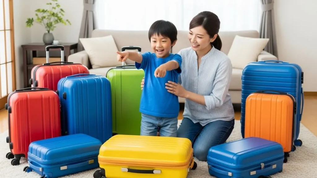 旅行に向けて子供用のスーツケースを親子で選んでいる楽しそうな日本人の家族