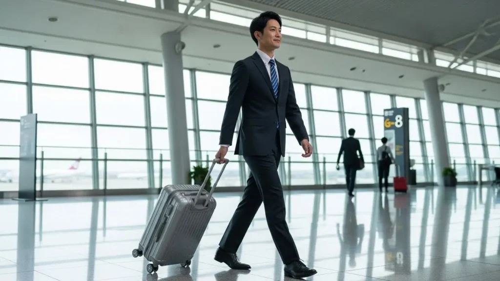 空港で高品質なスーツケースを軽快に引いて歩く快適そうな日本人ビジネスマン