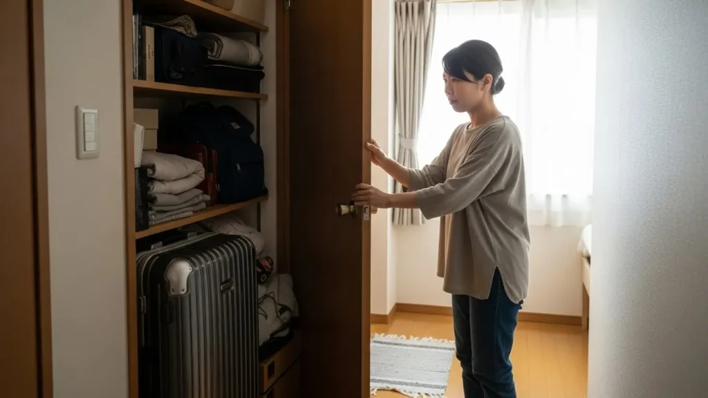 狭いクローゼットを占領する大きなスーツケースと収納スペースに困っている日本人女性