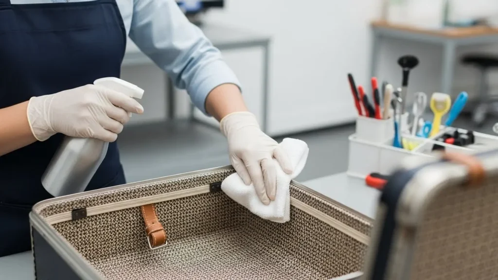 白手袋をした専門スタッフがスーツケースの内装を丁寧に清掃・除菌している様子