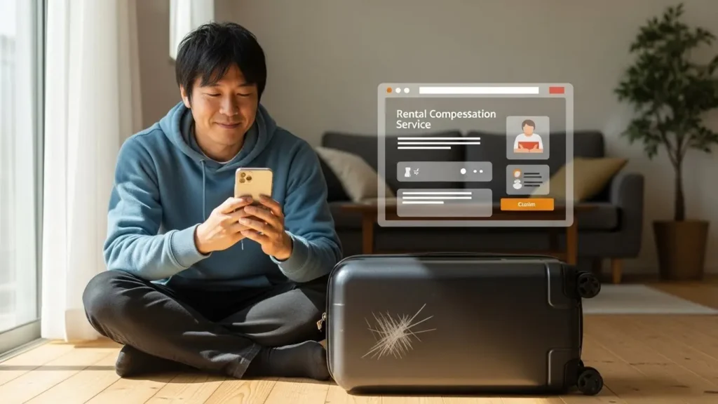 スーツケースが破損したが補償制度があるため安心した表情でスマホを見ている日本人男性