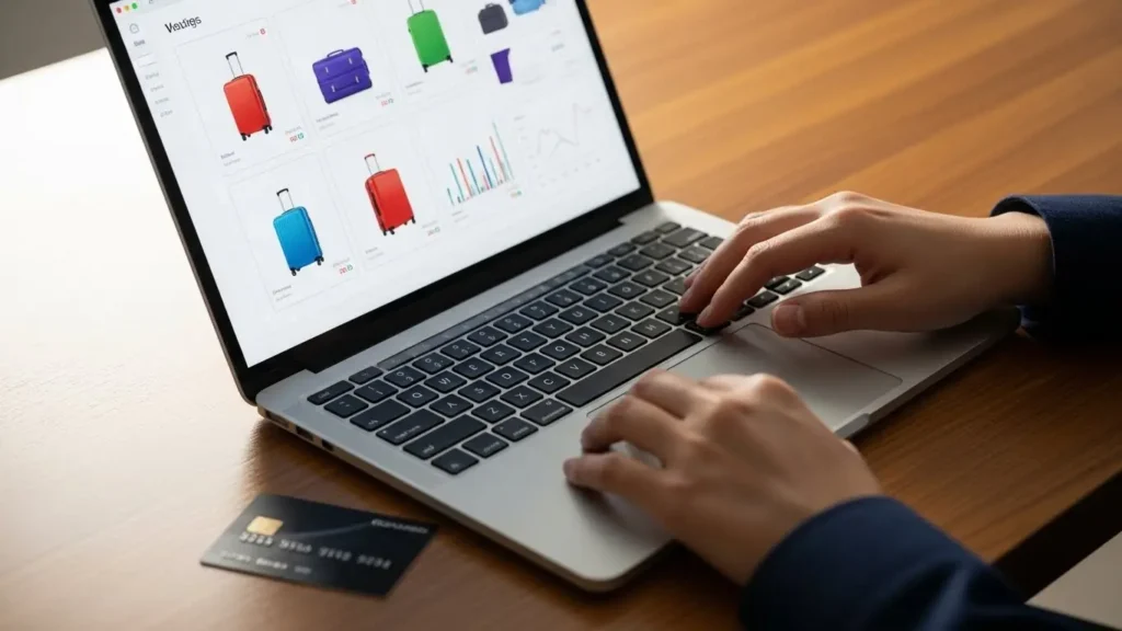 ノートパソコンでスーツケースレンタルサービスを比較検討している手元の様子