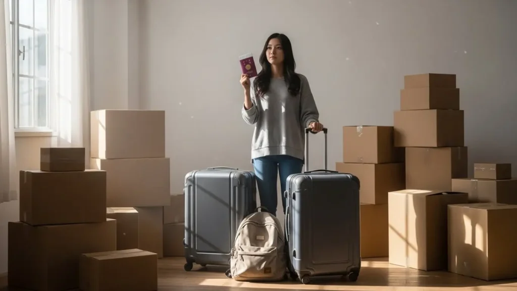 長期留学に向けて大型スーツケースとバックパックを準備している日本人学生