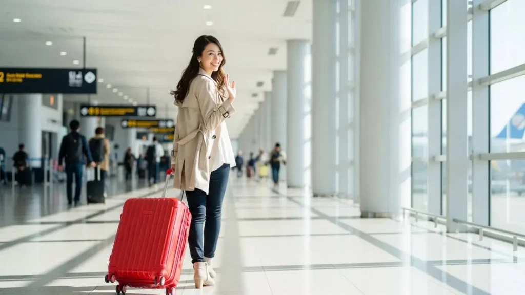賢い選択をして晴れやかな笑顔で出発ゲートへ向かう日本人女性と赤いスーツケース