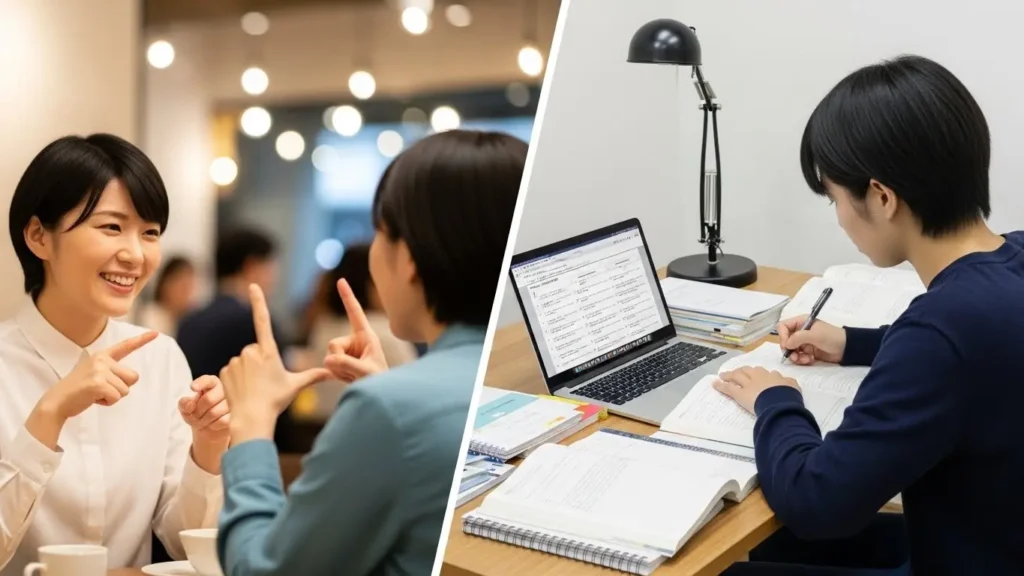 手話による対面コミュニケーションと机上での学習を比較するイメージ