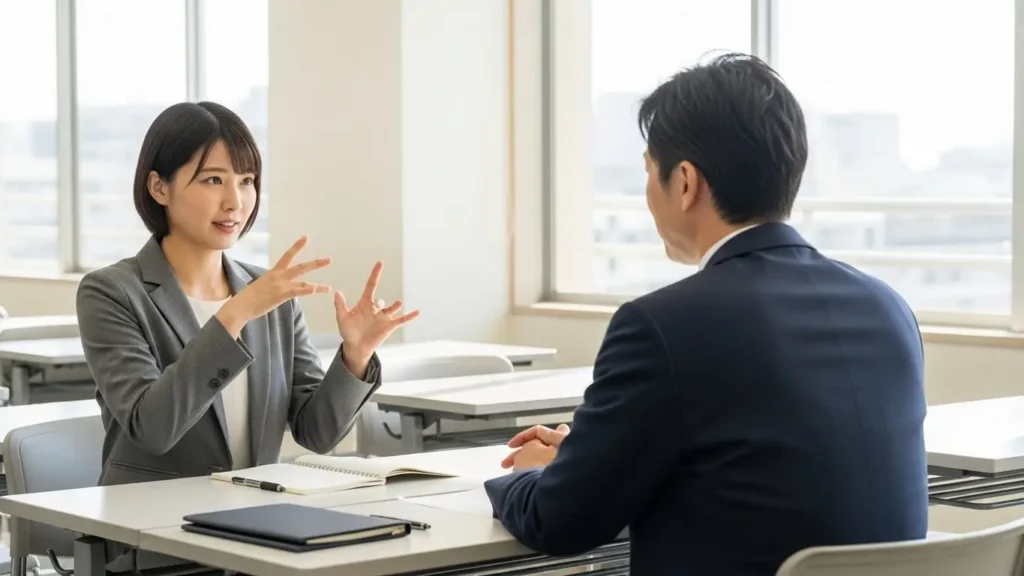 全国手話検定試験の面接試験でろう者の面接官と対話する受験者の様子