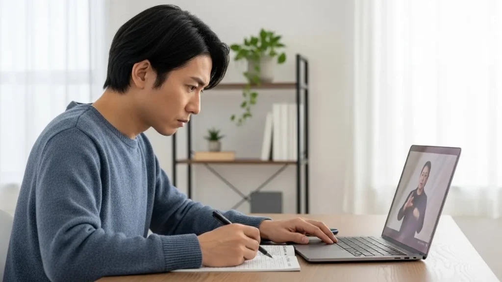 自宅のパソコンを使って手話技能検定のWeb試験を受験している様子