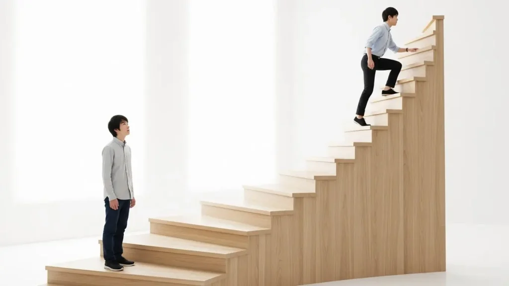 手話検定の級ごとの難易度の違いとステップアップを表す階段のイメージ