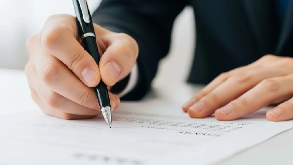 就職活動のために履歴書の資格欄にペンで記入している手元のアップ