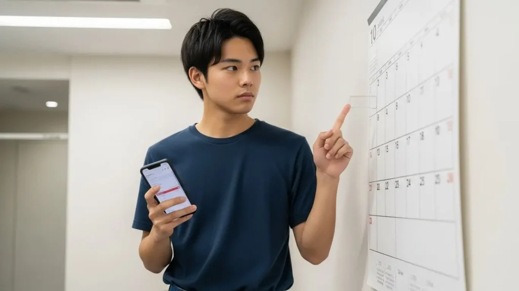 試験日程を確認しながらスケジュールを調整している男性学習者