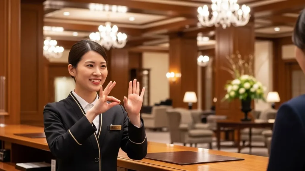 ホテルのフロントで手話を使って接客対応をする日本人スタッフ