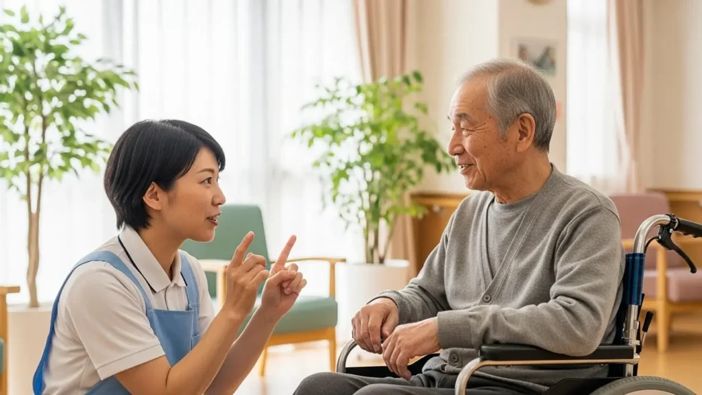 介護施設で高齢者と目線を合わせて手話で会話する介護士の様子