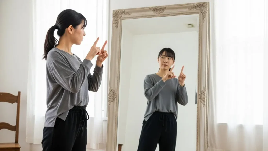鏡を見ながら自分の手話表現や表情をチェックして独学する女性