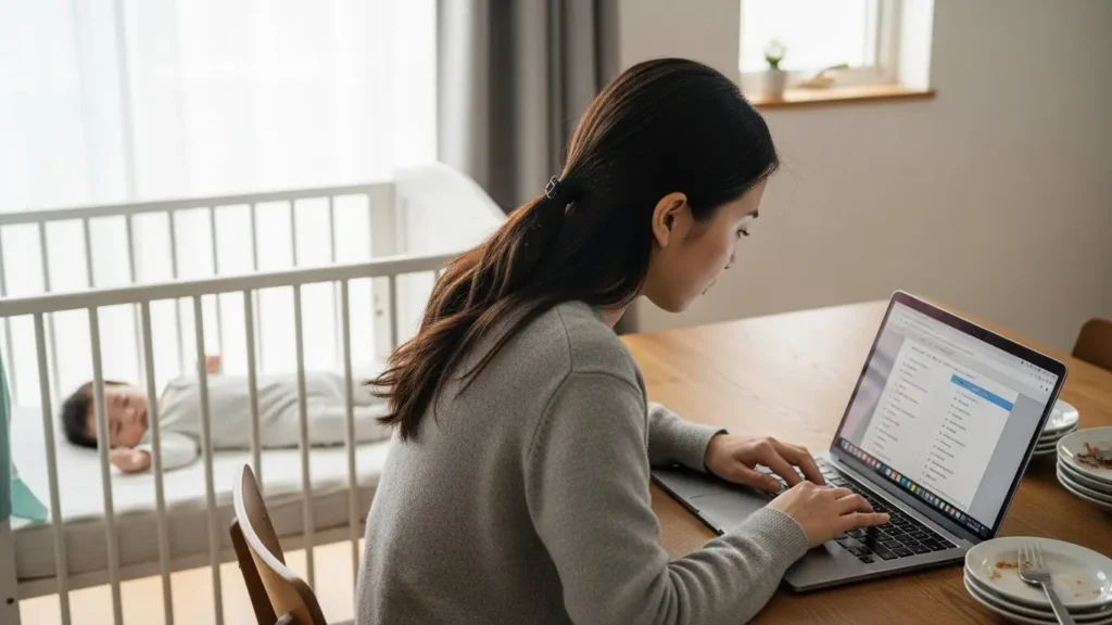 育児の合間に自宅で手話技能検定のWeb試験を受験する母親