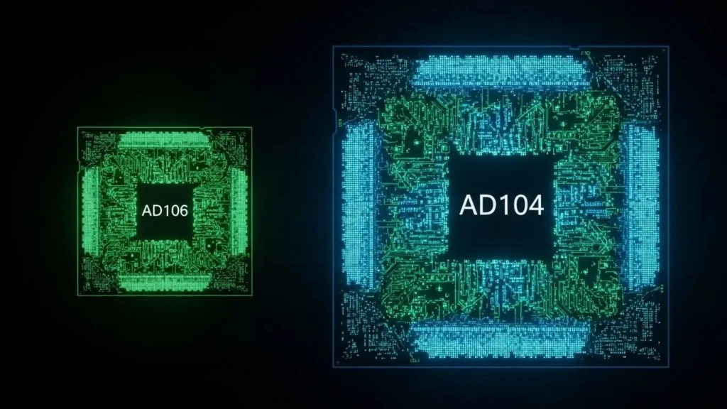 GPUチップ(AD106とAD104)のサイズと回路密度の違いを示す拡大イメージ図