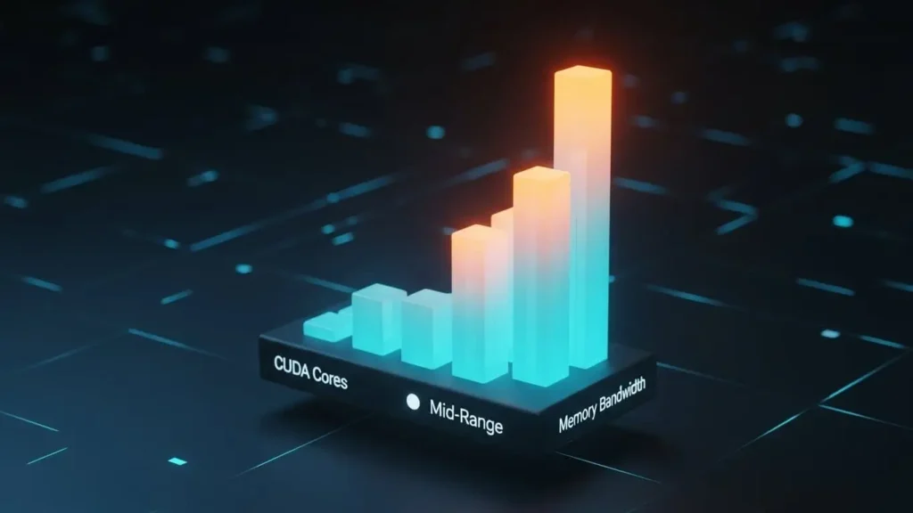 RTX 4060 TiとRTX 4070のCUDAコア数とメモリ帯域幅の性能差を表す3D棒グラフ