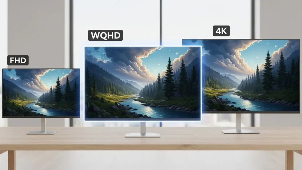 フルHD、WQHD、4Kのモニター解像度比較とWQHDの鮮明さを強調したイメージ