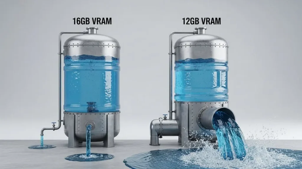 VRAM容量とメモリバス幅の関係を貯水タンクと排水ホースの太さで例えた概念図