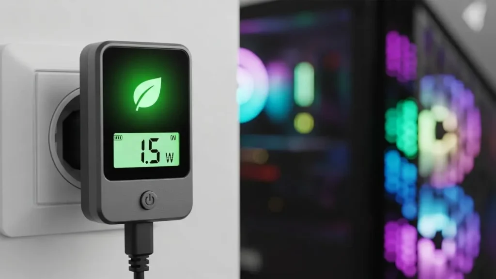 省電力性能を示すワットチェッカーとエコなイメージ