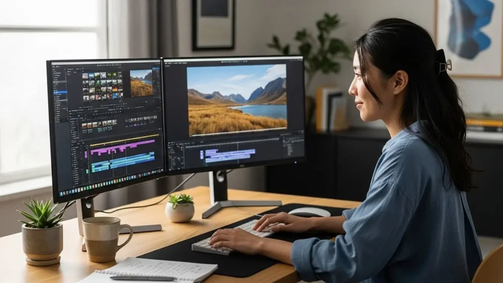 デュアルモニター環境で快適に4K動画編集作業を行う日本人女性クリエイター