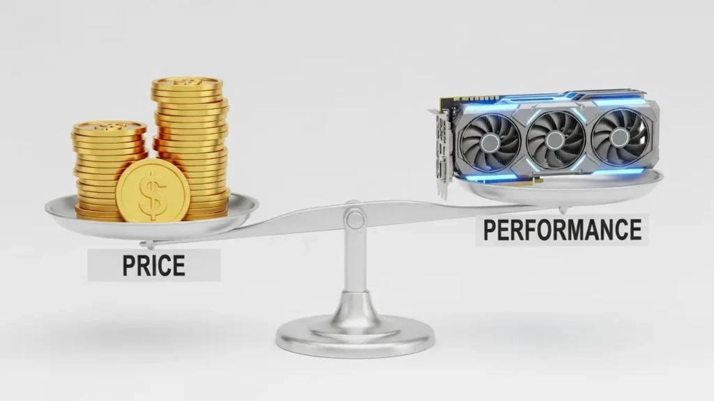 グラフィックボードの価格と性能のバランスを天秤にかけているイメージ