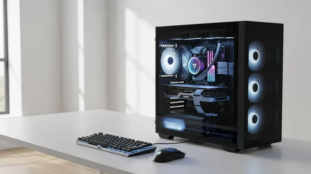 デスクに設置されたスタイリッシュなBTOゲーミングパソコンのセットアップ例