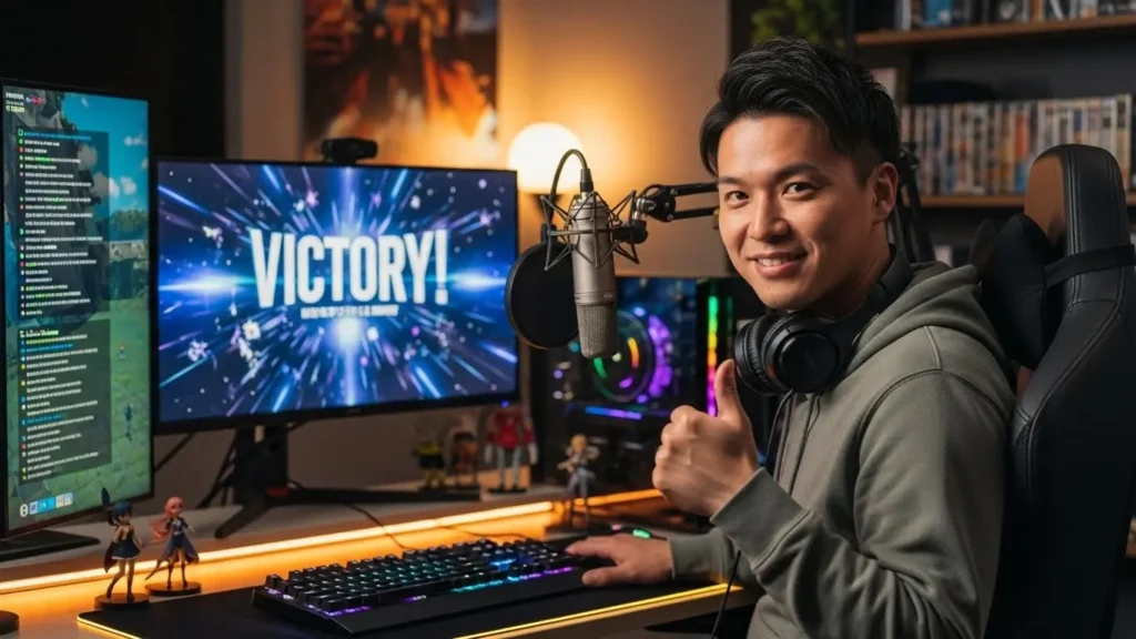 自分の選択したグラフィックボードの性能に満足し笑顔を見せる日本人ユーザー