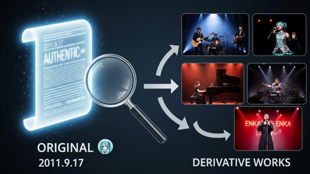 「千本桜」の本家はどっちか?初音ミク、和楽器バンド、ピアノ演奏(トヨタCM)の3つの異なるバージョンを比較する分割画像。