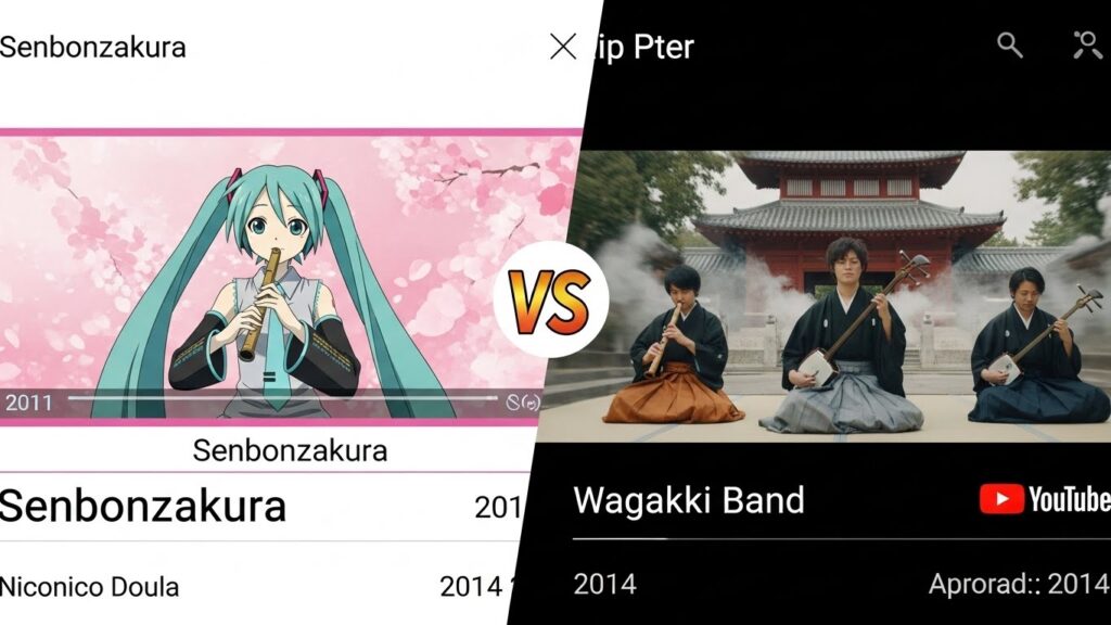 黒うさPがDTM作業を行い、隣で初音ミクが「千本桜」を歌っている様子を描いたデジタルイラスト。