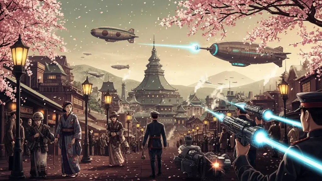 「千本桜」の歌詞世界観である、レトロな大正時代の街並みとSF要素(光線銃など)が融合した「大正浪漫」のイラスト。