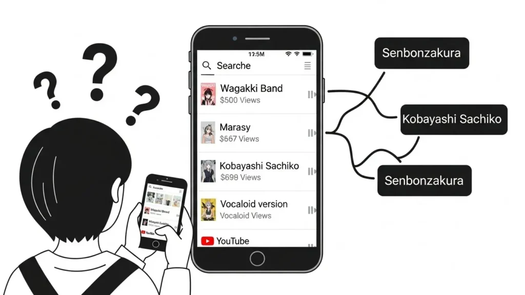 YouTubeの検索結果で和楽器バンド版が上位に表示され、「千本桜」の本家がどれか迷っているユーザーの様子を示す概念図。
画像9