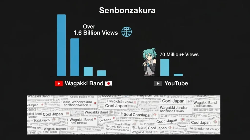 「千本桜」のYouTube再生数を比較し、和楽器バンド版が圧倒的に多いことと、海外からの反響を示すインフォグラフィック。