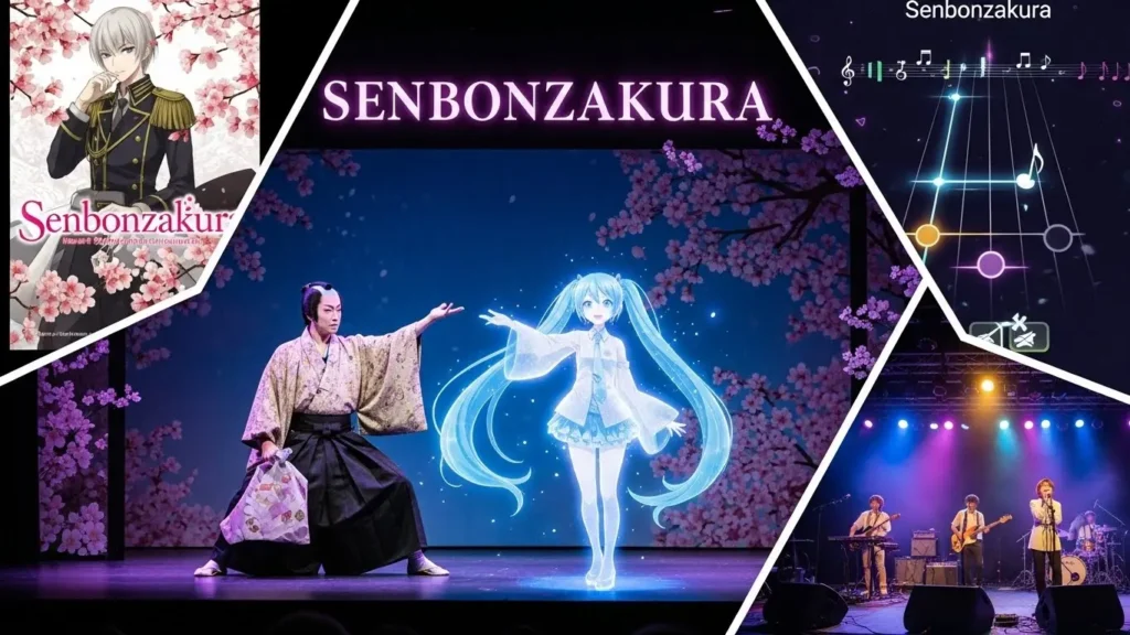 超歌舞伎、小説、ゲーム、ミュージカルなど、「千本桜」の多様なメディアミックス展開を示すコラージュ写真。