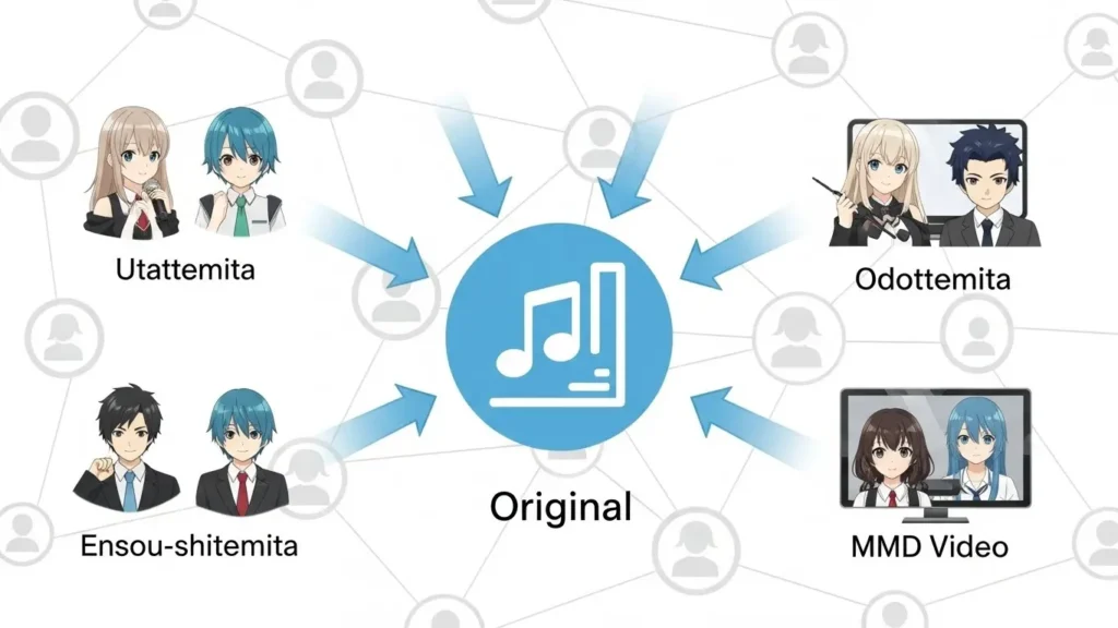 「歌ってみた」「踊ってみた」などの二次創作が原曲を支え、広げていくボカロ文化のエコシステムを示す概念図。