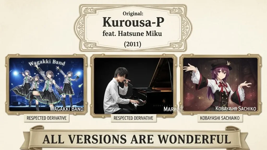 「千本桜」の本家は黒うさPと初音ミクであるという結論と、和楽器バンドなどの派生作品も素晴らしいというメッセージを伝える画像。