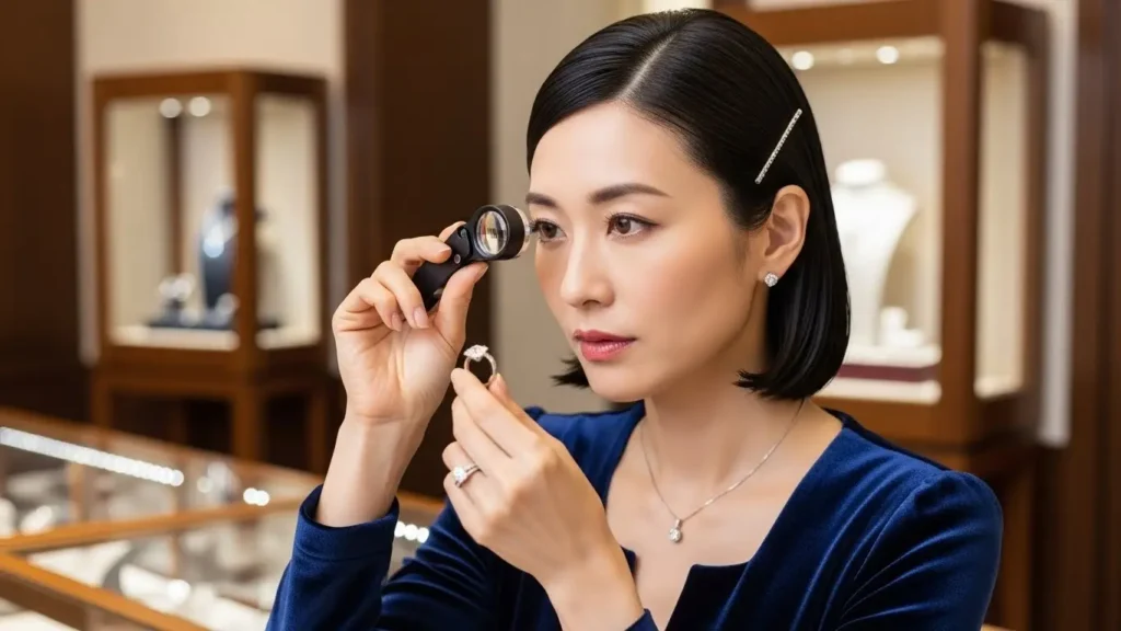 ダイヤモンドの輝きをルーペで真剣に確認し比較検討する日本人女性