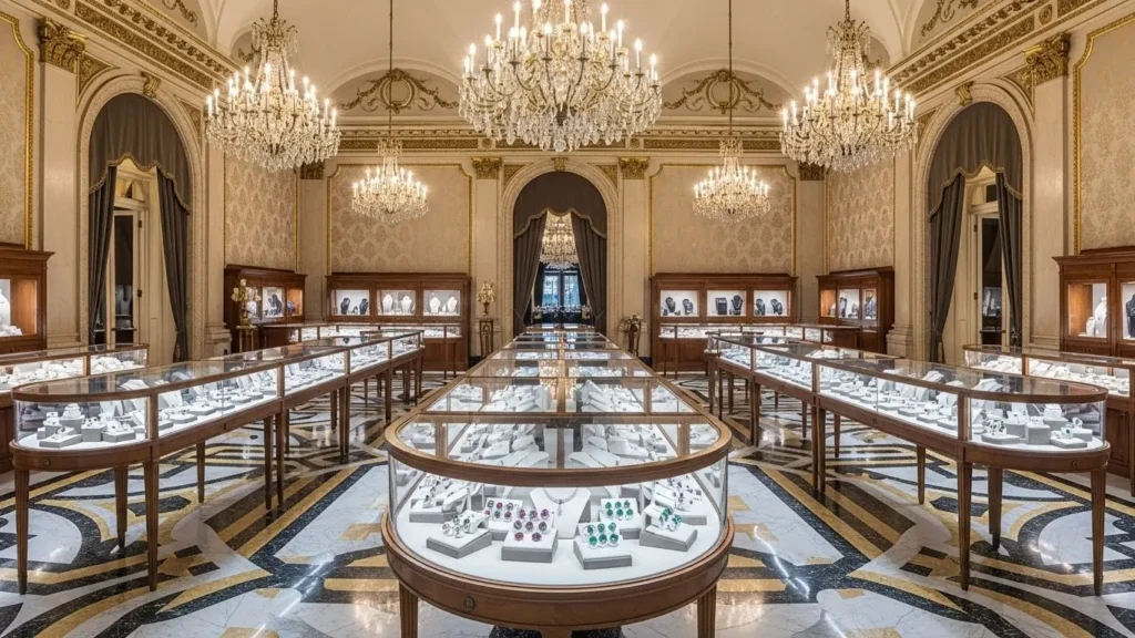 世界5大ジュエラーの格式と伝統を感じさせる重厚で豪華なブティックの内装