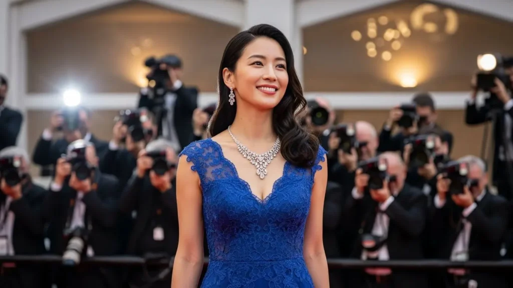 レッドカーペットで豪華なダイヤモンドジュエリーを身に纏う日本人有名女優のイメージ