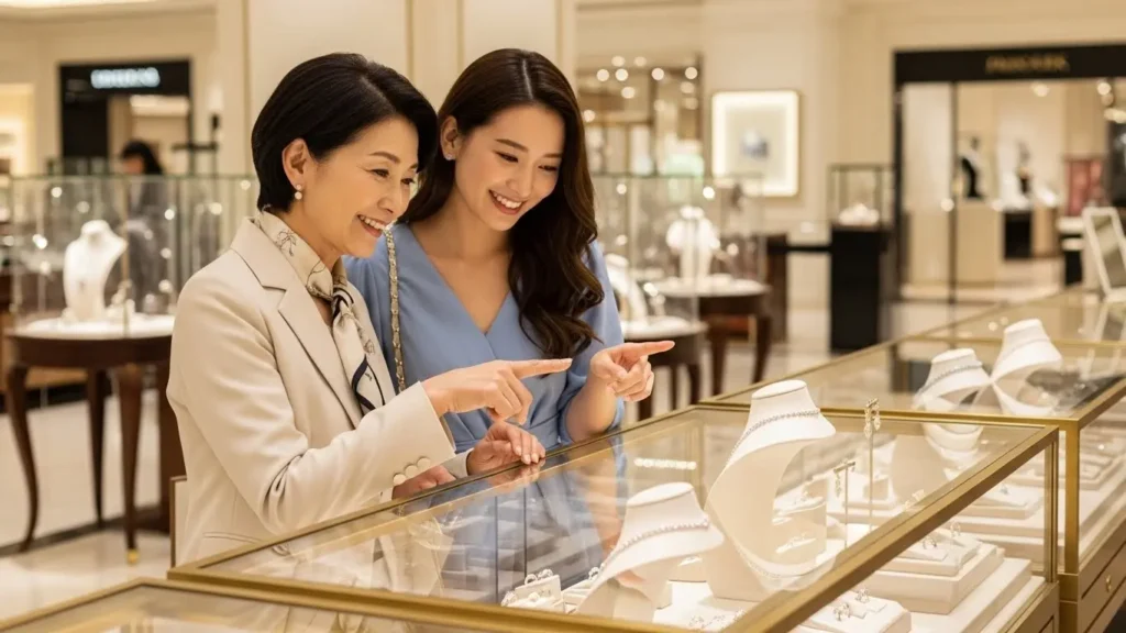 高級ジュエリーショップのショーケースを笑顔で眺める日本人母娘