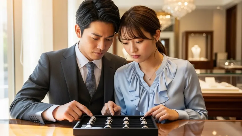 ジュエリーショップのカウンターで指輪選びを真剣に相談する日本人カップル