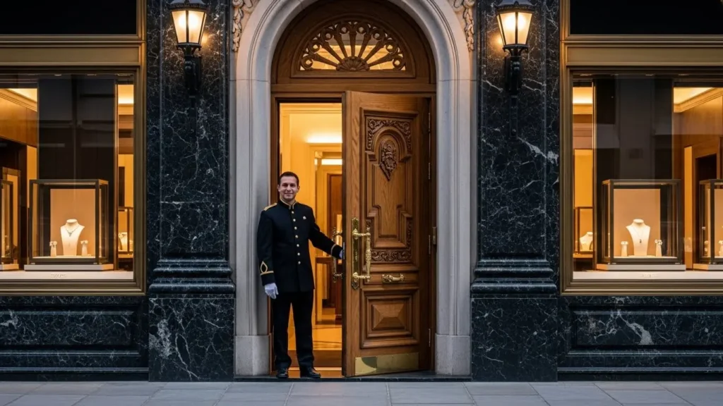 高級ジュエリーブランドの入り口でドアマンが扉を開ける極上の顧客体験のイメージ
