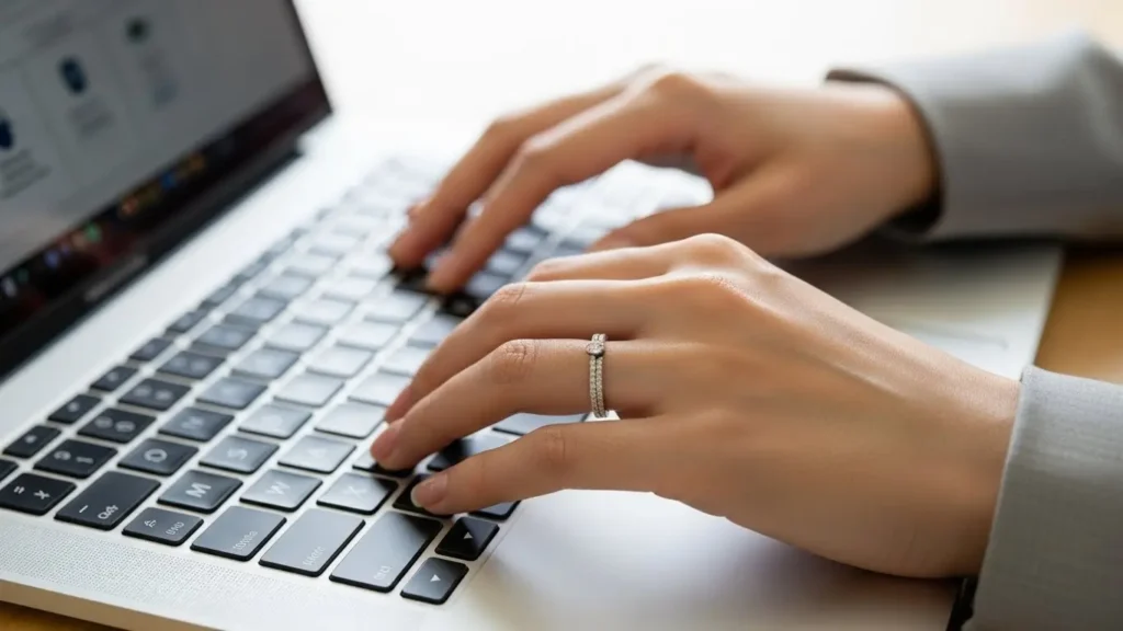 オフィスでパソコン作業をする女性の手元に馴染むシンプルで使いやすい結婚指輪