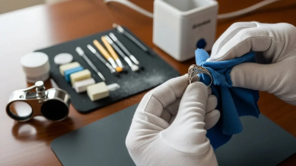 白手袋をしたスタッフが指輪を丁寧にクリーニングしているアフターサービスの様子