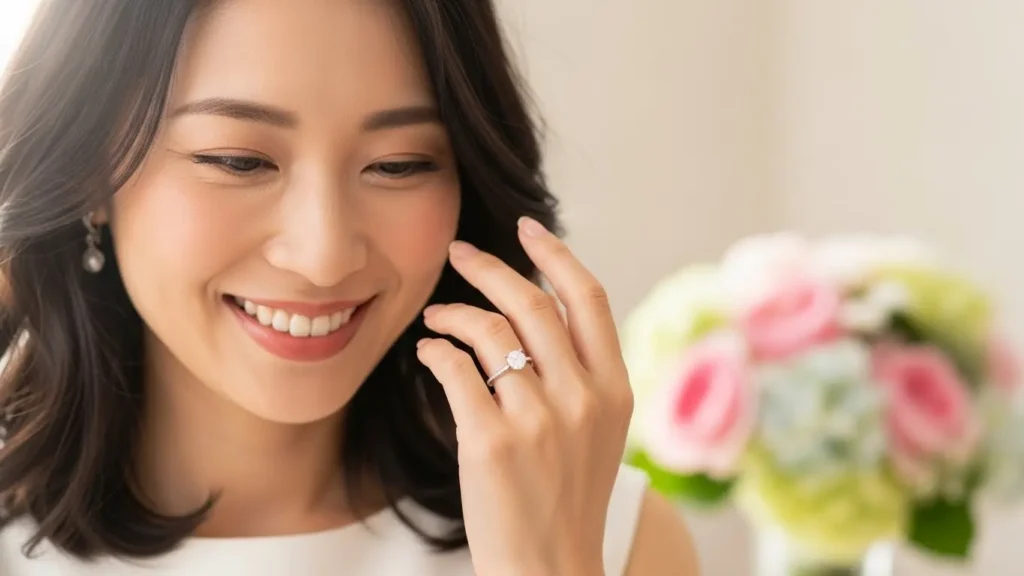 運命の指輪を見つけて幸せそうに微笑む日本人女性