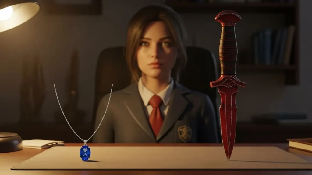 机の上に置かれた青い宝石と赤い短剣を見比べながら、二人の男性キャラクターの魅力を比較検討している女性