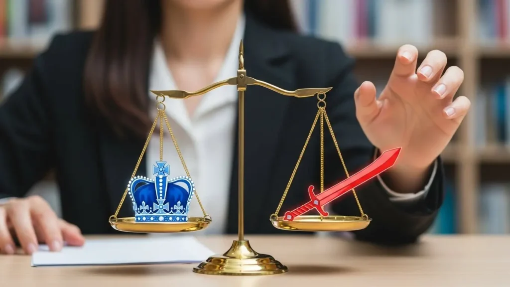 知性を象徴する青い王冠と武力を象徴する赤い剣が天秤に乗っており、どちらが優れているか比較している様子