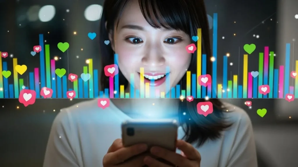 スマートフォンで人気投票の結果を見て、その拮抗した数字に驚きと興奮を隠せない日本人女性